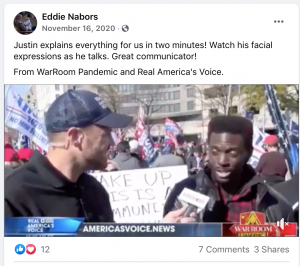 Screenshot of Eddie Nabors Facebook post showing Americas Voice interviewer with Black Trump supporter Justin Wilson. Nabors wrote: "Justin explains everything for us in two minutes! Watch his facial expressions as he talks. Great communicator. From WarRoom Pandemic and Real America's Voice."