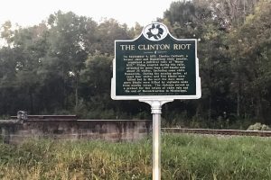 The Clinton Riot historic marker in Mississippi on the site of white terrorism against Black Mississippians trying to organize politically