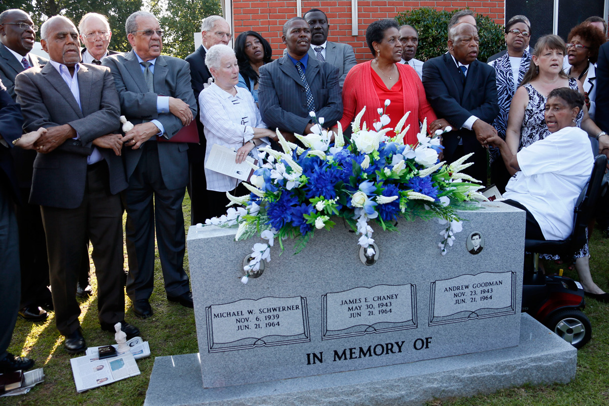 Civil rights activists, from left, Bob Moses, Dave Dennis, Rita Schwerner Bender, Leroy Clemons, Myrlie Evers-Williams and U.S. Rep. John Lewis, D-Ga