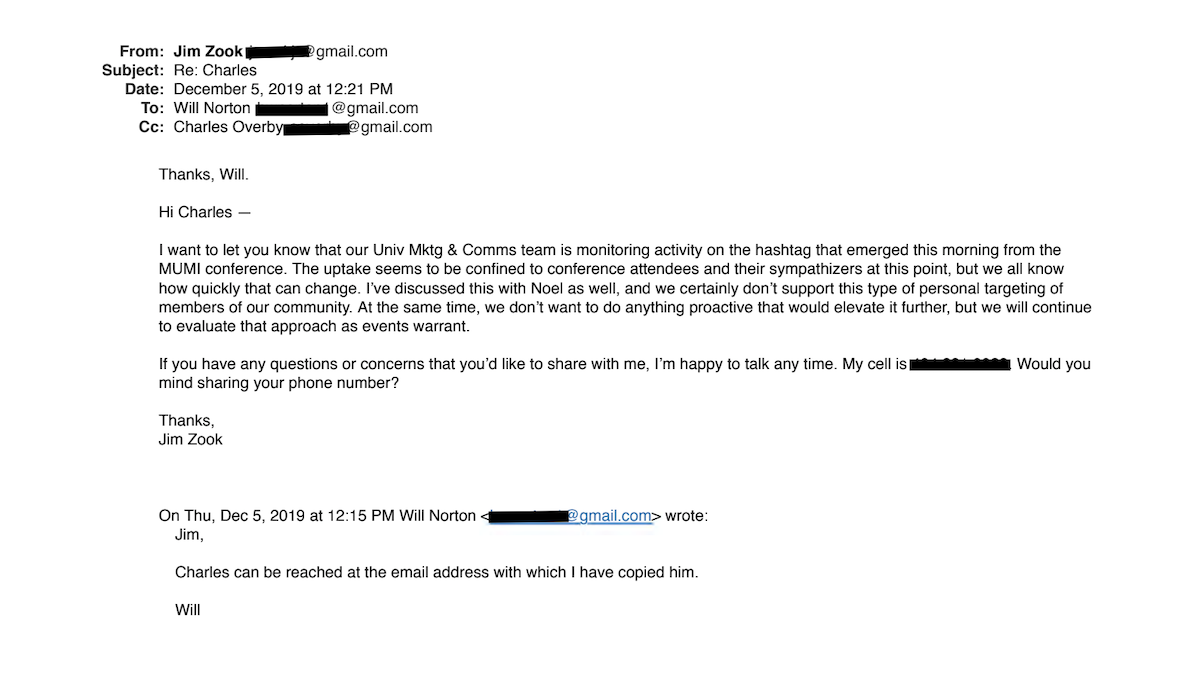 A screenshot of an email shows Jim Zook emailing Charles Overby about Garrett Felber's remarks at the MUMI conference. The text of the email is in the story