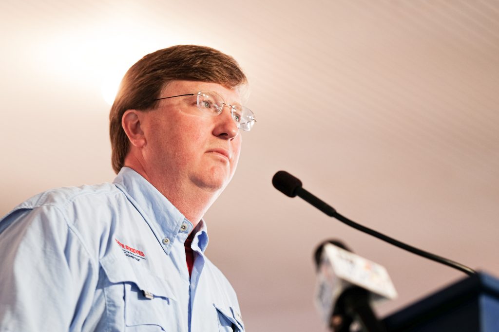 Governor Tate Reeves speaks at the Neshoba County fair in 2019
