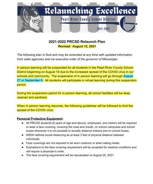 Screenshot of Pearl River County relaunch plan with announcement that the district will go all virtual