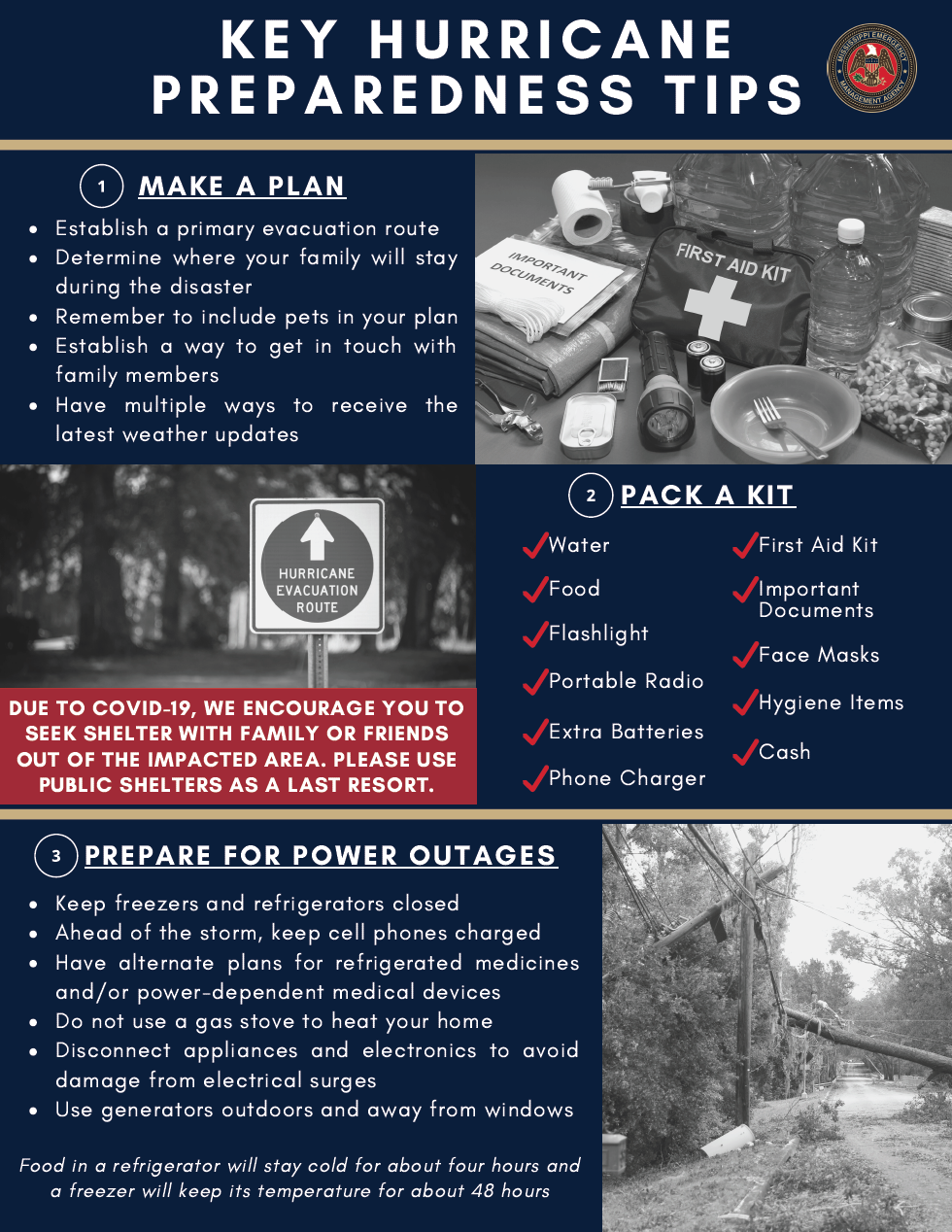 Key Hurricane Preparedness tips - graphic showing list of tips also listed on MSEMA website