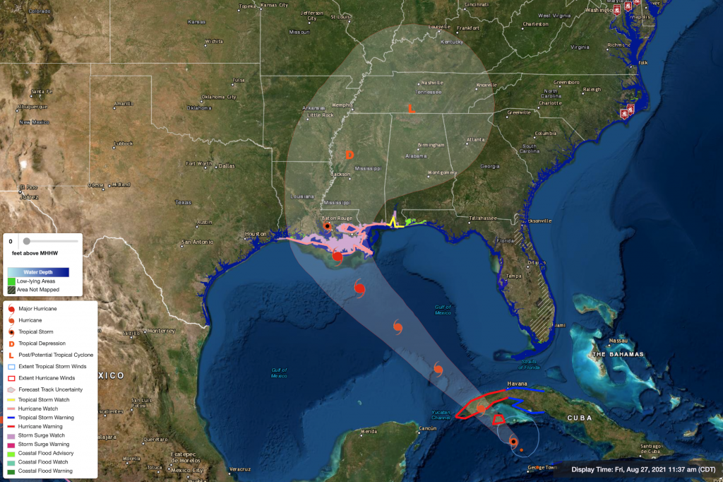 a map shows that Ida is tracking towards the Louisiana and Mississippi Gulf Coast and expected to make landfall as a category 3 hurricane