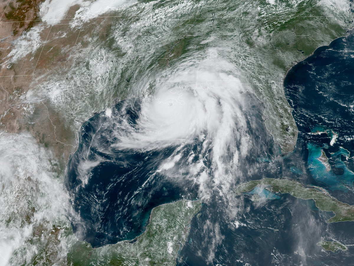 A satellite view of the hurricane over the Gulf of Mexico and coast.