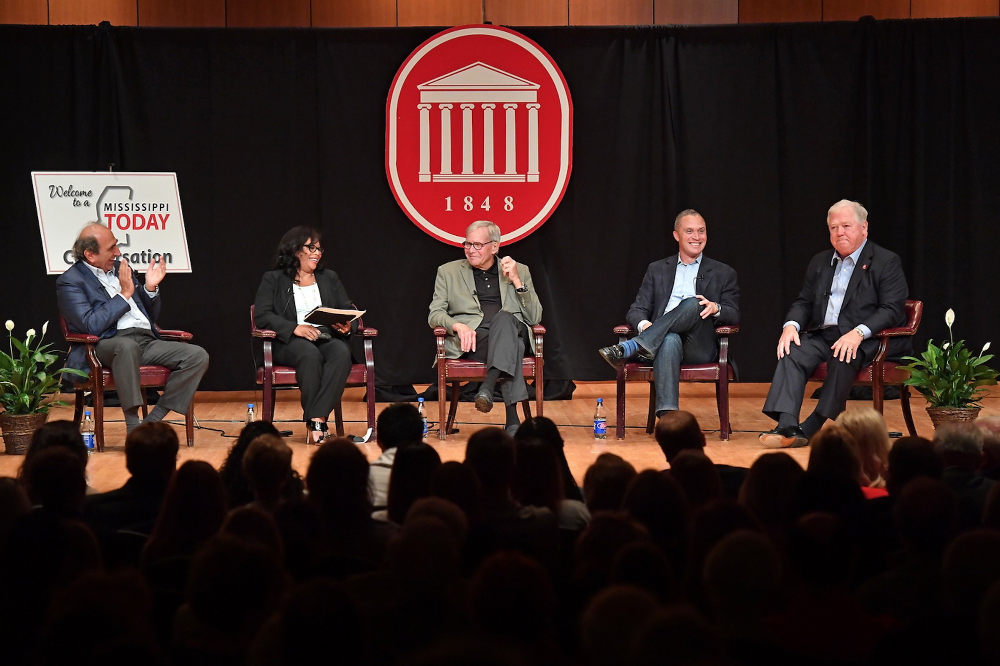 Andrew Lack, Maggie Wade, Tom Brokaw, Harold Ford Jr. and Haley Barbour on the Overby Center stage