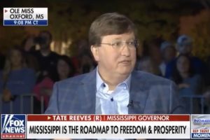 a screenshot of Tate Reeves on Laura Ingraham's Fox News show with the chyron: "Mississippi is the roadmap to freedom and prosperity"