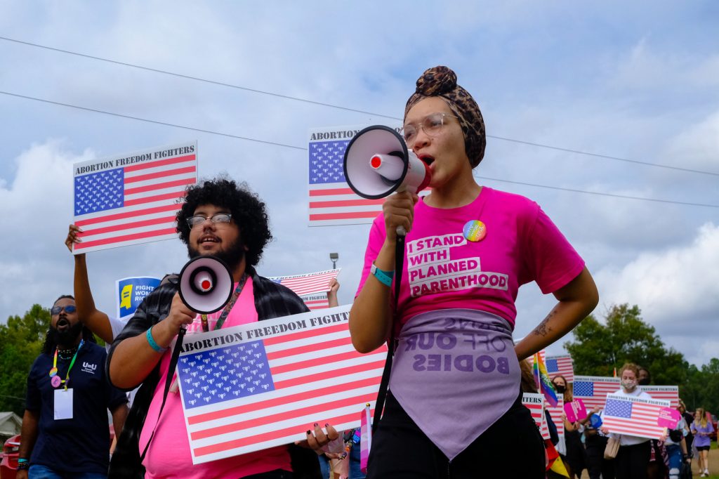 A group of abortion rights supporters march in Jackson, Mississippi