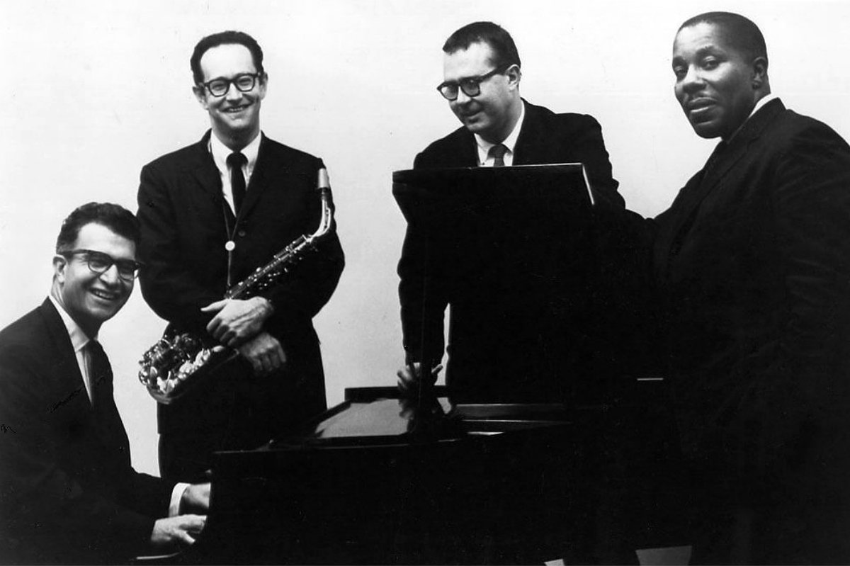 Photo of the Dave Brubeck Quartet. From left: Dave Brubeck, Paul Desmond, Joe Morello and Gene Wright.