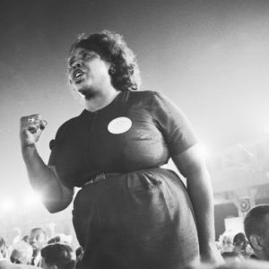 Black and white photo of Fannie Lou Hamer in a dark short sleeve belted dress, curly hair, a circle on her chest, and her right arm raised in a determined fist. She seems to be at a meeting.
