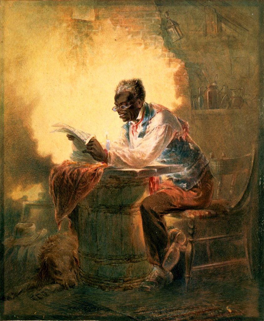 Black man reading newspaper by candlelight. Note: Man reading a newspaper with headline, "Presidential Proclamation, Slavery," which refers to the Jan. 1863 Emancipation Proclamation