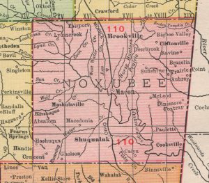 Old map of Noxubee County, MS colored in red