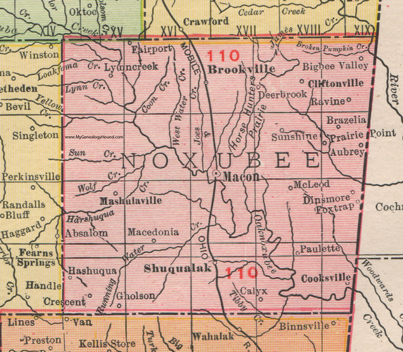 Old map of Noxubee County, MS colored in red