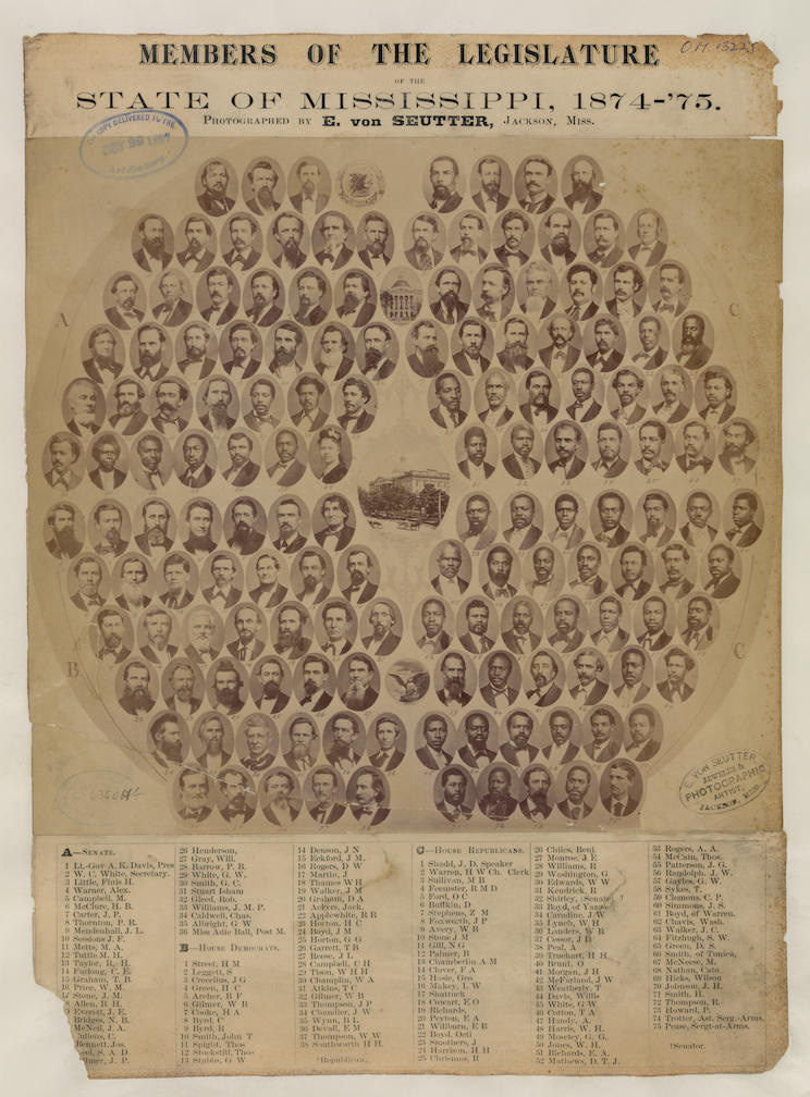 Photograph shows a montage of seventy-five portraits of members of the Mississippi State Legislature (1874–75) during Reconstruction, with many African American representatives. (E. Von Seutter, Library of Congress, Washington D.C. [LC-DIG-ppmsca-12860])