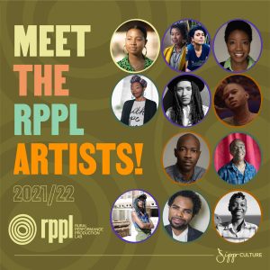 Flier for Sipp Culture. It's brown and has 12 peoples faces in circles. The text reads: Meet the rppl artists! 2021/22. Rural Performance Production Lab