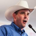 Andy Gipson speaks while wearing a cowboy hat at the Neshoba County Fair