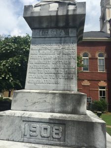 Zoom-in of language on Confederate statue in Holmes County, Miss., honoring the soldiers' "patriotism"
