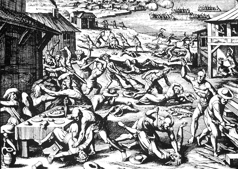 Engraving of Indigenous Americans slaughtering colonists.