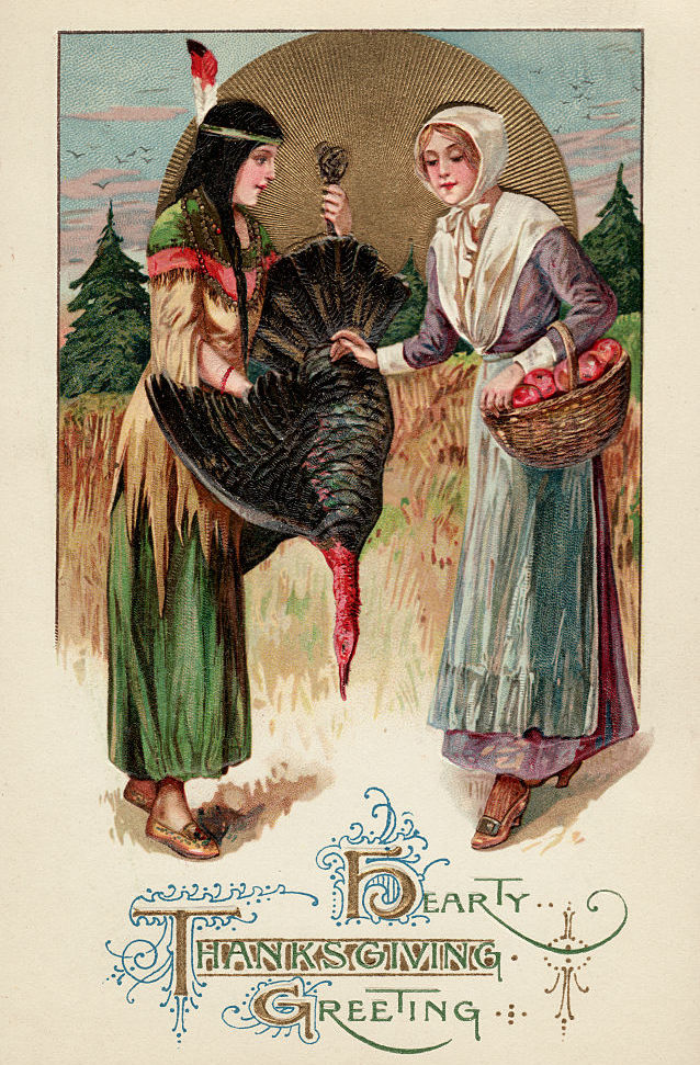 Native American woman presents a turkey to a Pilgrim.