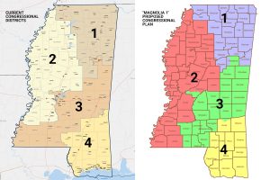 Comparison of the current Mississippi Congressional Districts Map to the proposed Magnolia 1 districts map