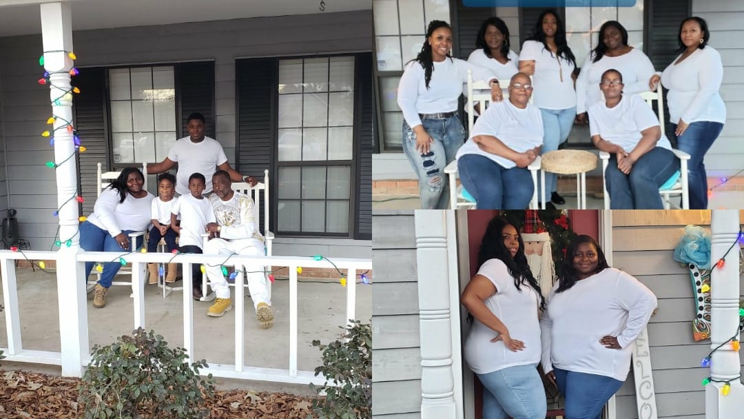 Collage of people wearing matching denim pants and white shirts posing together on a porch