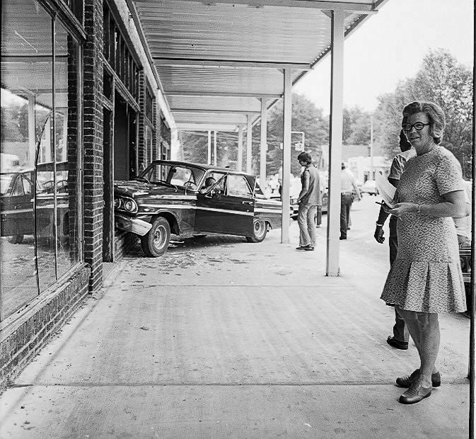 A vehicle wrecks into a Main Street storefront. Photo by Bonny Parham / courtesy Amory Regional Museum