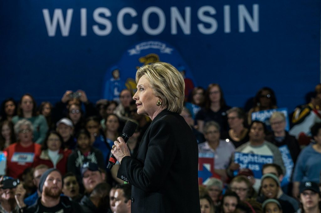 a photo of Hillary Clinton speaking in Wisconsin