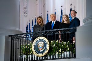 A photo of Melania Trump, Donald Trump, Amy Coney Barrett and her husband on a White House balcony