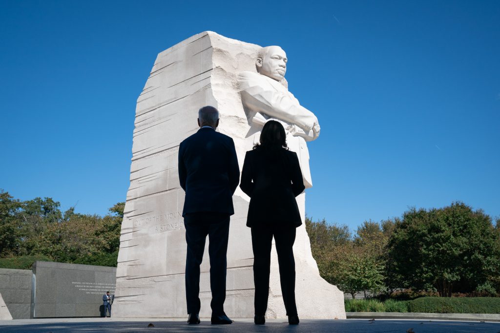 a photo of Joe Biden and Kamala Harris outside the MLK monument