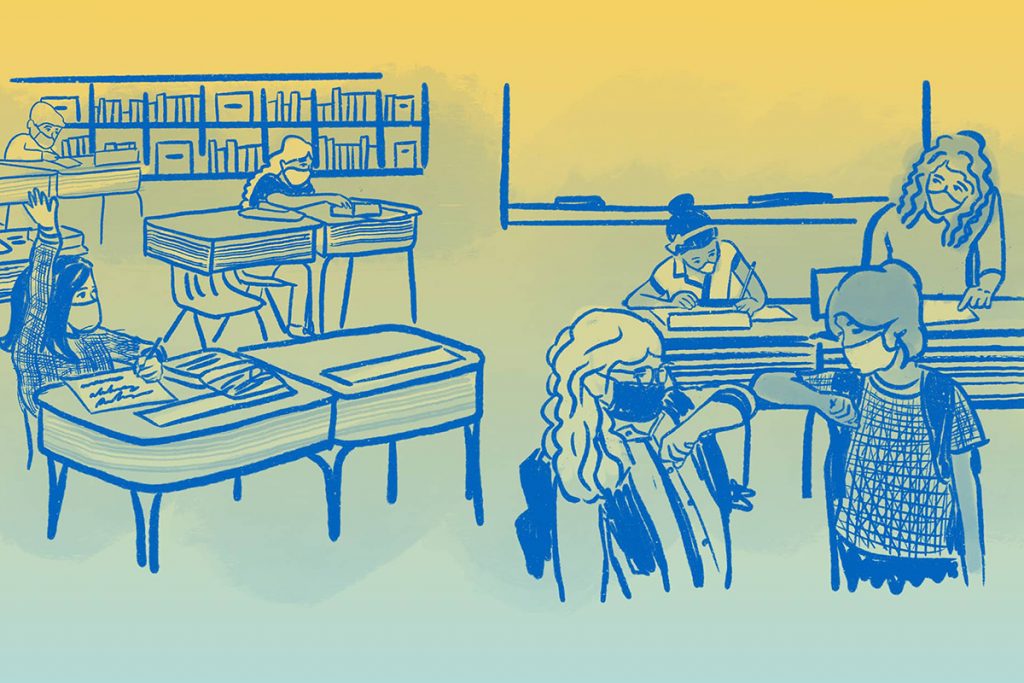 Blue illustration of a school classroom, everyone wearing masks