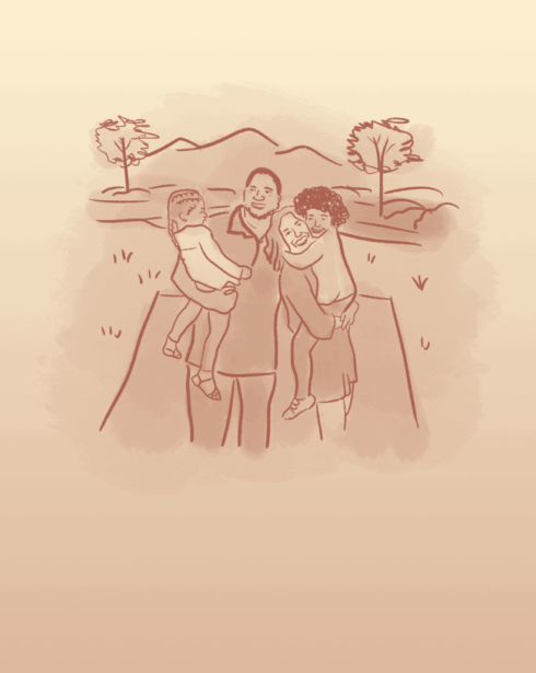 Sepia colored illustration of a family of four