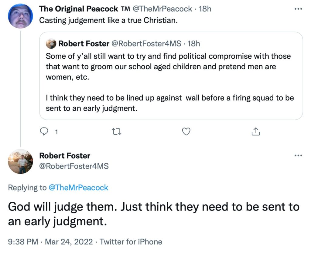 screen cap shows Twitter user accusing Foster of "Casting judgment like a true Christian" Foster replies: God will judge them. Just think they need to be sent to an early judgment.