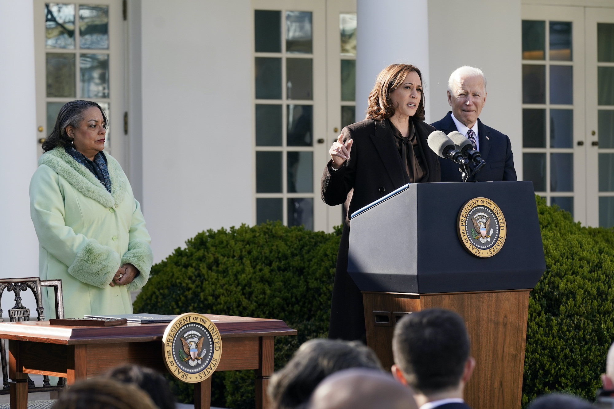 a photo of VP Harris speaking in the Rose Garden next to president Biden and Michelle Duster
