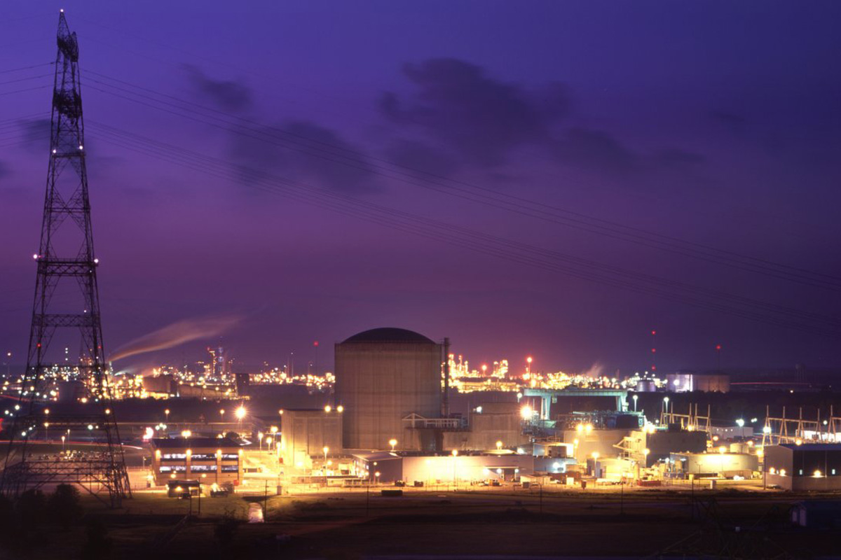 A night view of a very well lit power generation complex
