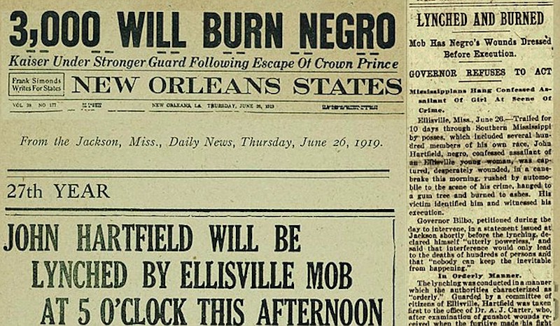 a screenshot of a newspaper says "3000 will burn negro" and "John Hartfield Will Be Lynched By Ellisville Mob at 5 O'Clock This Afternoon"