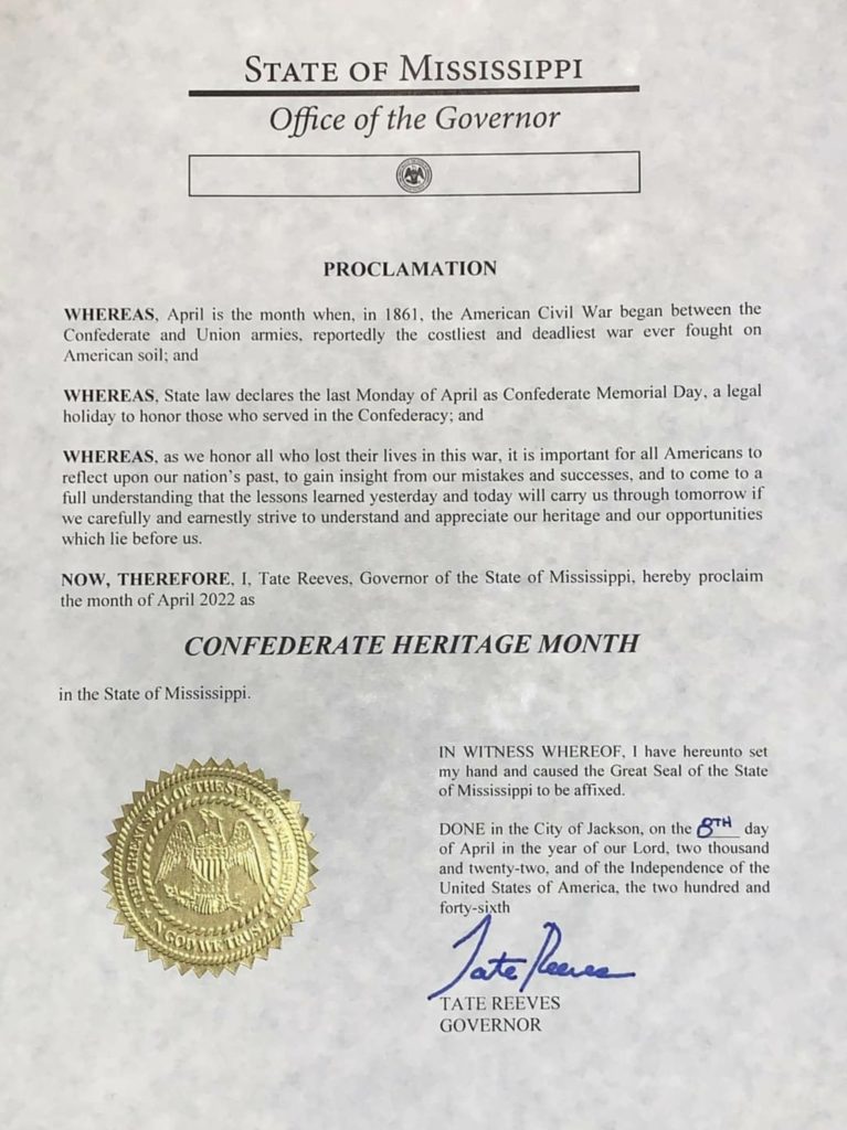 a copy of the April 2022 Confederate Heritage Month proclamation