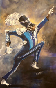 A painting with a beige and black background showing a JSU drum major marching and pointing forwards