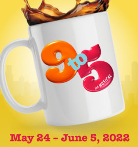A graphic of a splashing coffee cup that says 9 to 5 in orange and red letters