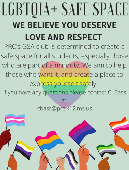 a photo of a poster that says -LGBTQIA+ Safe Space - We Believe You Deserve Love and Respect" featuring images of people holding various kinds of pride flags, including gay pride and trans pride flags