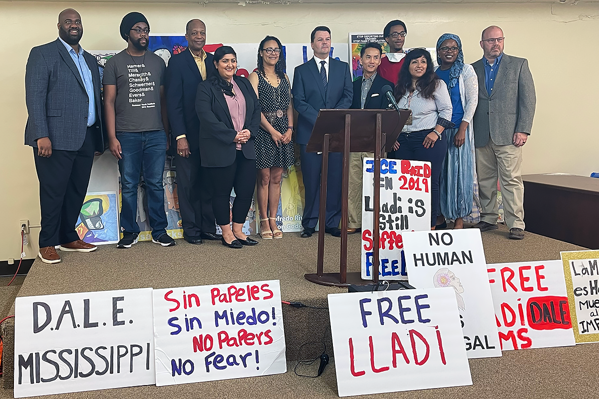 People attending a press conference where advocates called for the release of 28-year-old Lladi Ambrocio-Garcia held by U.S. Immigration and Customs Enforcement