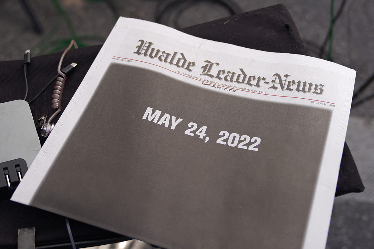 The front page of the Uvalde Leader-News with a blacked out page that only says May 24, 2022
