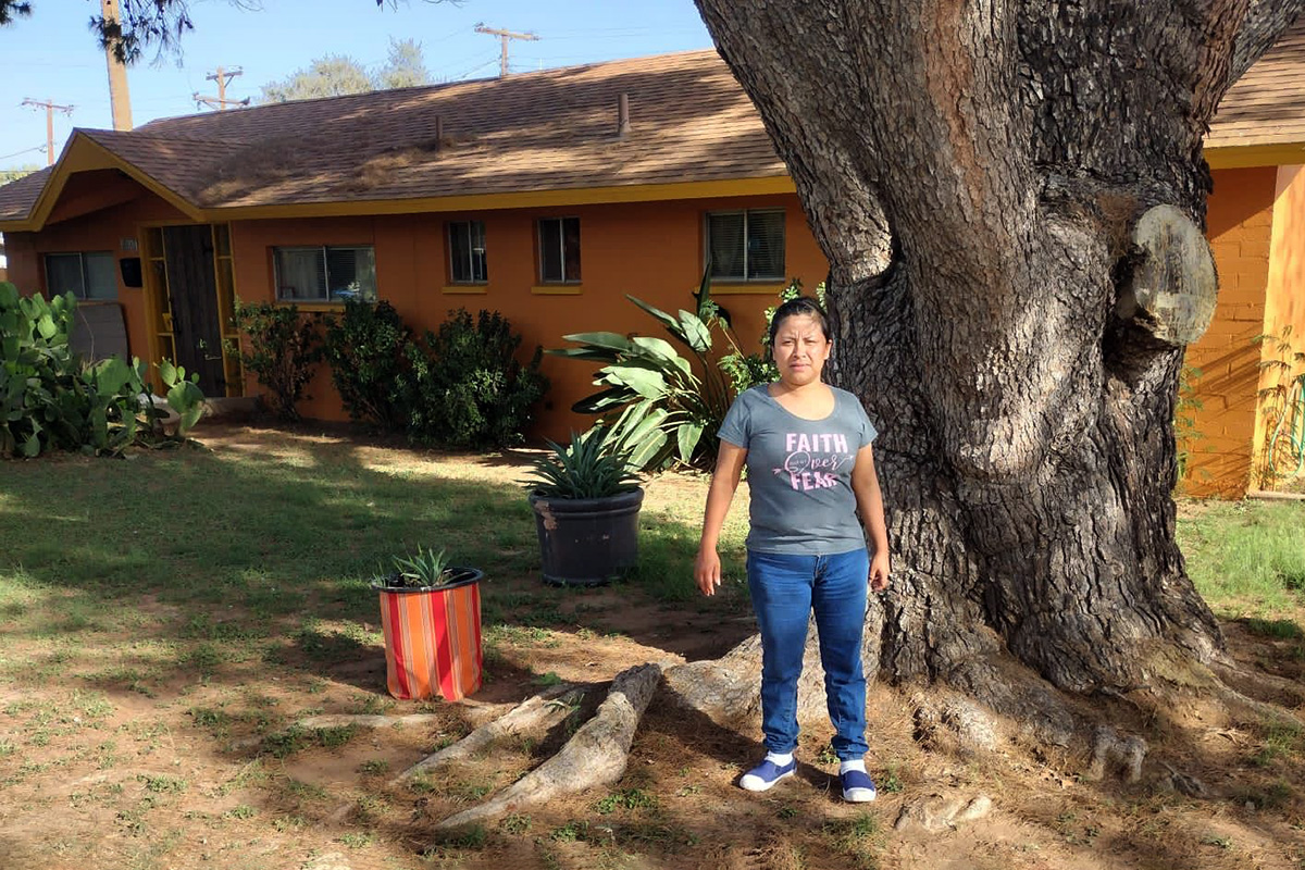A short woman stands beneath a very large tree.