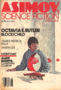 Cover of Asimov Science Fiction Magazine with surreal artwork of a child looking at a shrimp