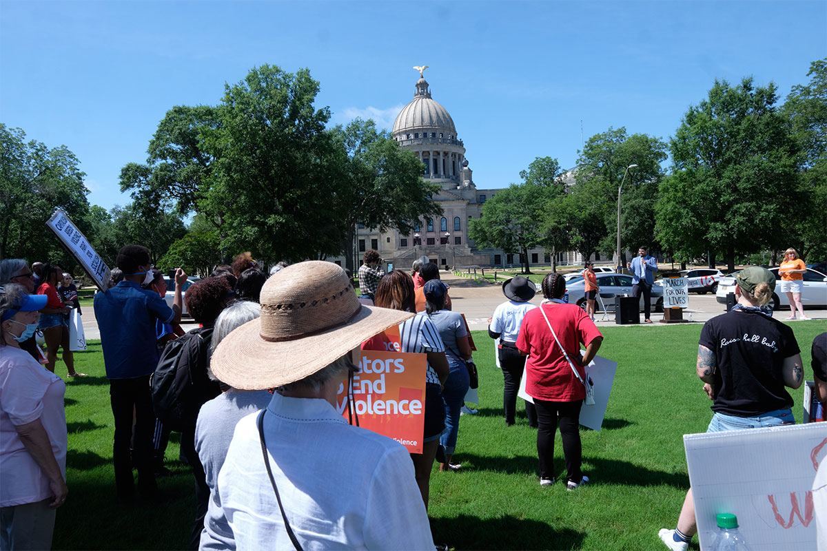 Several people stand on the green with signs with the capitol building in the background