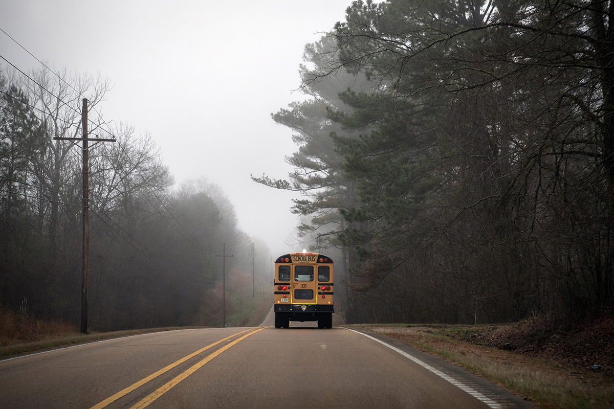 A schoolbus drives away on a road on a foggy morning