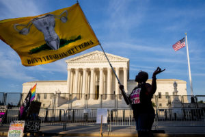 A woman flies a yellow flag "Don't Tread On My Uterus" outside of the Supreme Court
