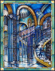 A stained glass window design of a library interior