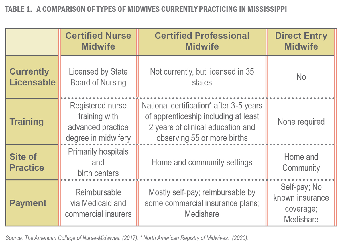 Chart comparing types of midwives currently practicing in Mississippi (freestanding birth centers)