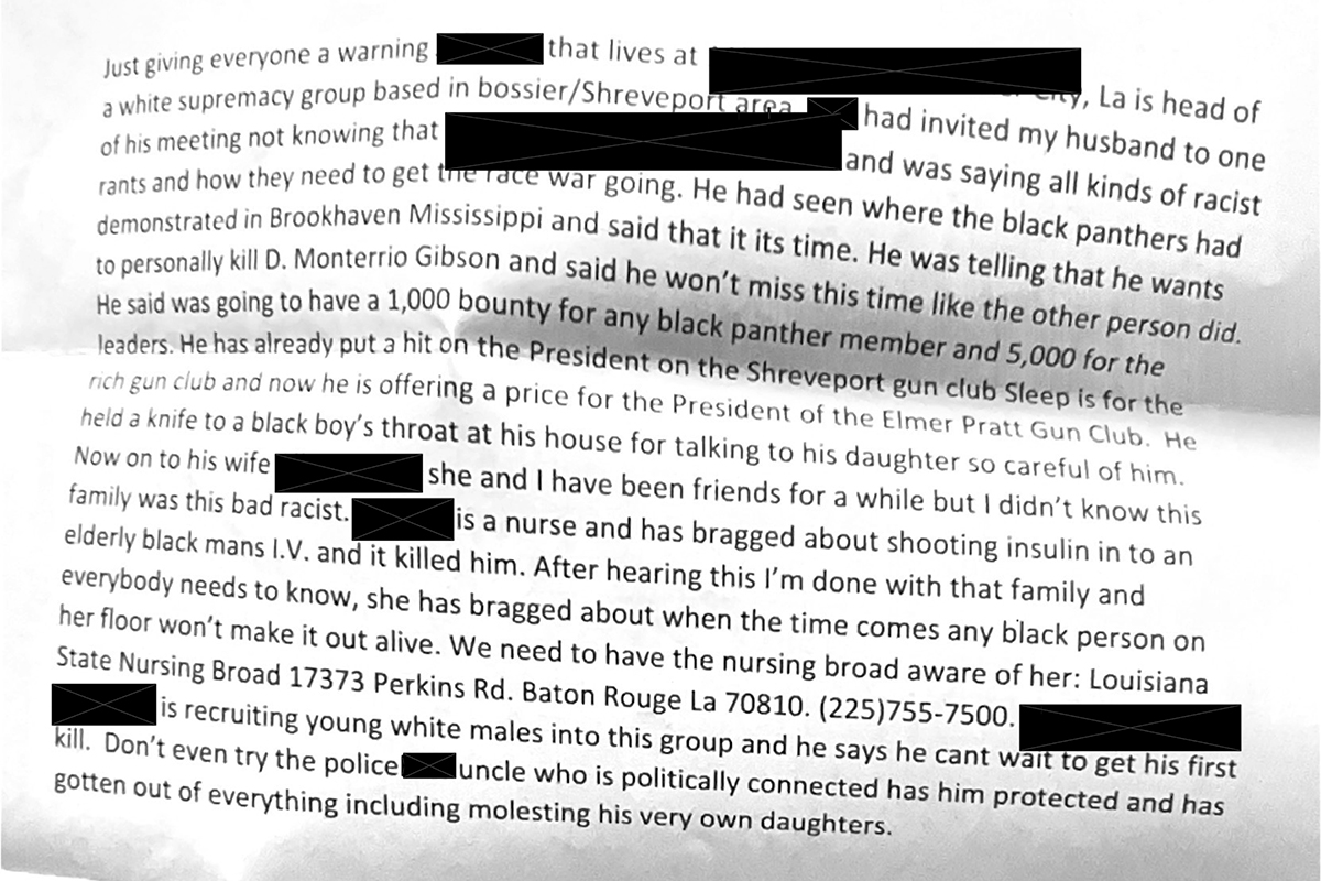 A scanned copy of a death threat with details redacted