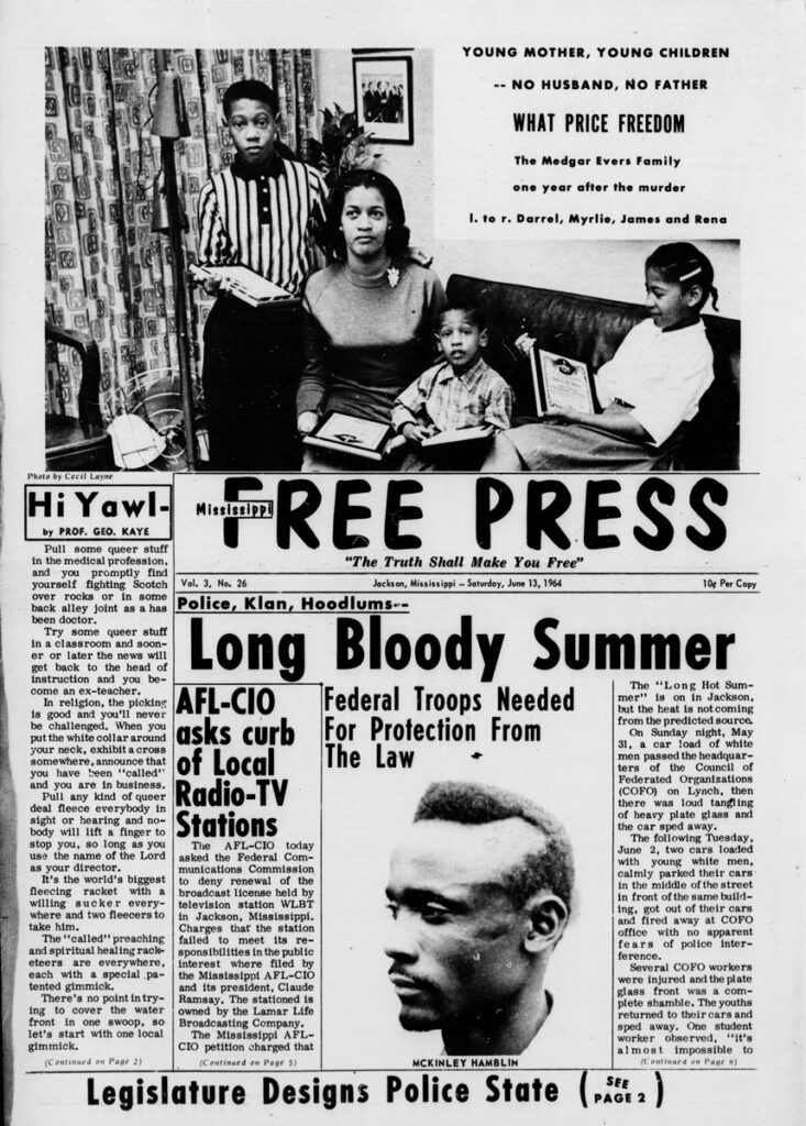 A scan of the front page of Mississippi Free Press from 1964